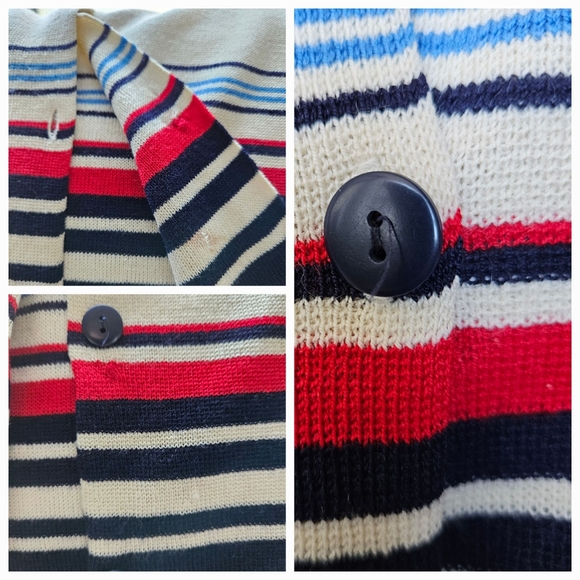 Jones&Co wool blend ivory tunic cardigan navy red striped bottom side slit L - Picture 9 of 15